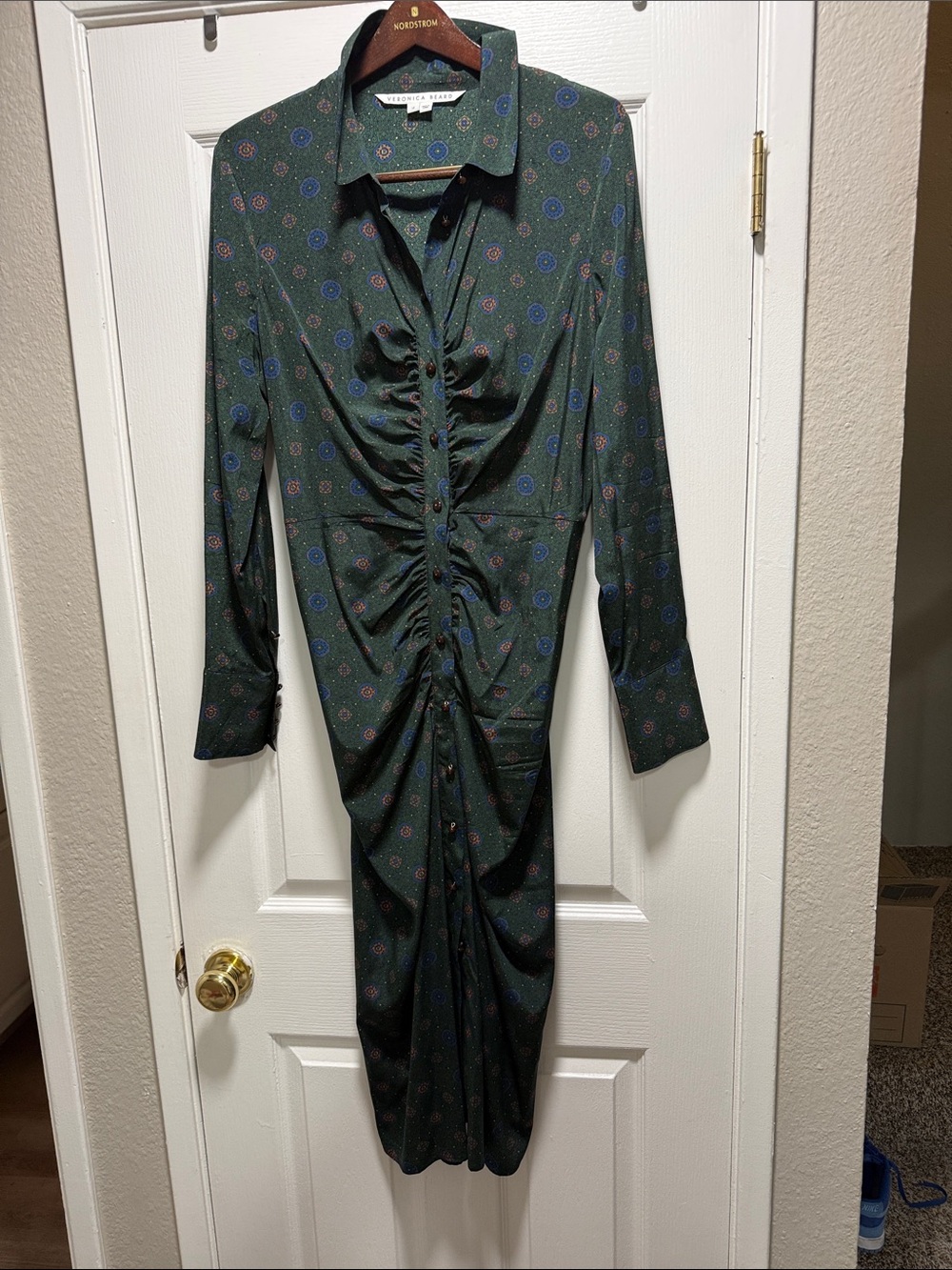 Veronica Beard Dark Green Long-Sleeve Ruched Midi Dress with Blue & Red Dots